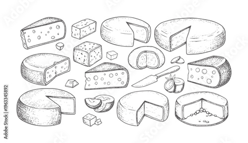 Black and white collection of various cheese types and cuts holes slices
