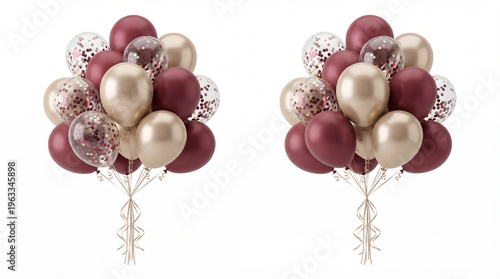 Two elegant bouquets of festive burgundy gold and confetti balloons tied with long golden ribbons, isolated on transparent background