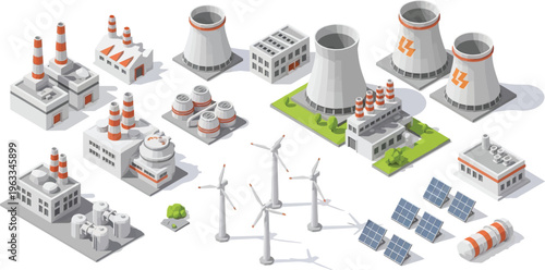 Detailed isometric collection of industrial buildings, power plants, wind turbines, and solar panels for energy infrastructure concepts.