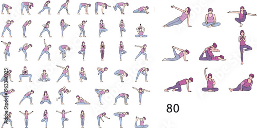 Yoga Pose Vector Set Featuring Female Character Performing Various Asanas in Sequence for Fitness Training Wellness Exercise and Meditation Illustration Design