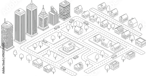 Detailed black and white isometric city map illustration featuring skyscrapers, residential houses, roads, and trees