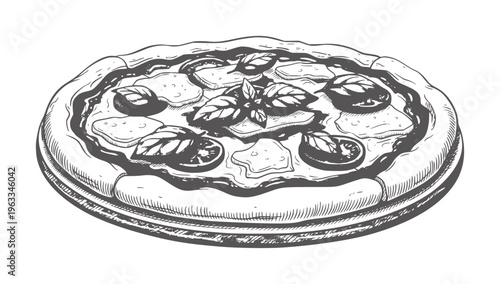 Black and white line of a pizza with tomato onion and basil toppings