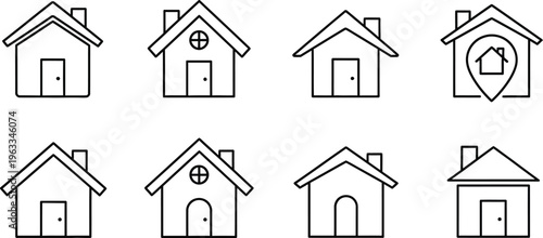 A diverse collection of simple black and white line art house icons for web design and user interface applications, presented on a clean white background.