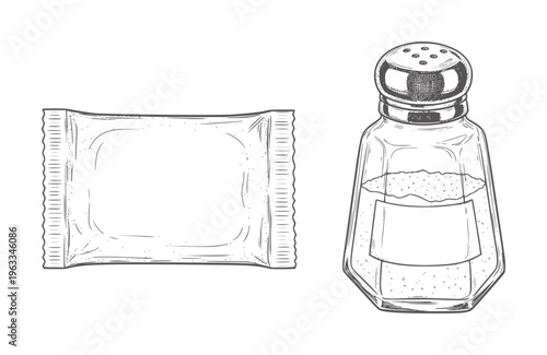 Black and white line of empty salt packet and shaker with granular details monochrome