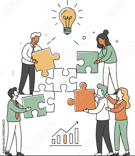 Diverse team collaborating on a puzzle with a lightbulb moment