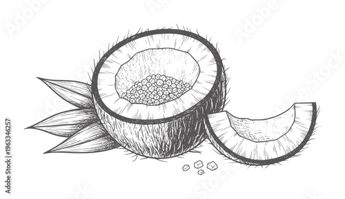 Black and white of a split coconut with seeds inside and leaves