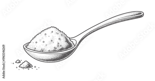 Black and white of a spoon filled with granulated powder spilling