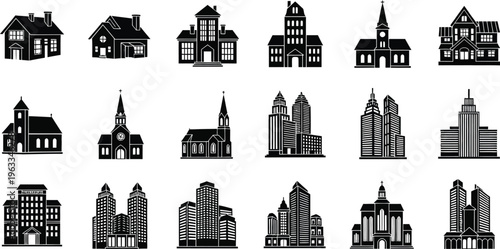 Collection of black silhouette icons depicting various buildings, including residential houses, churches, and modern city skyscrapers, isolated on a clean white background.