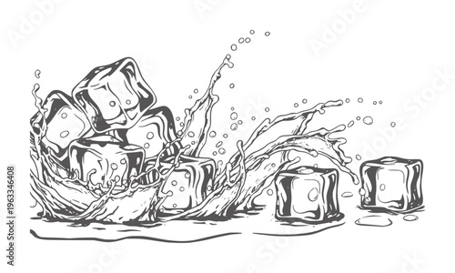 Black and white of melting ice cubes with splashing water droplets