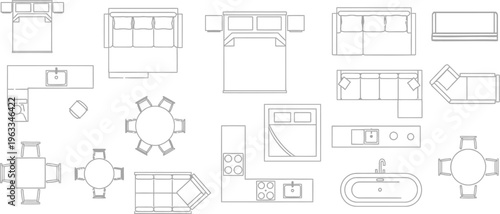 Minimalist black and white line art collection of furniture icons for interior design and architectural floor plans