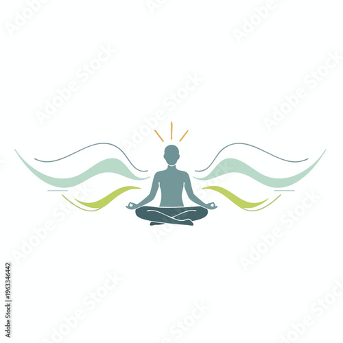 Silhouette meditates surrounded by flowing lines and radiating light