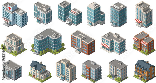 Isometric vector illustration set featuring a diverse collection of commercial, residential, and public buildings