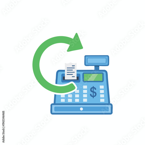 Blue cash register with receipt and green circular arrow icon