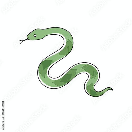 A stylized green snake with a diamond pattern coils on a white background
