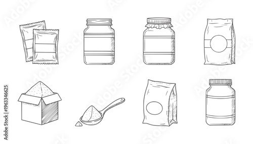 Handdrawn black and white containers and packaging with sugar spoon jars bottles