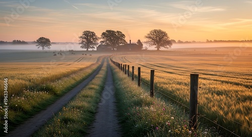 Dirt road through a golden wheat field at sunrise with trees and a house