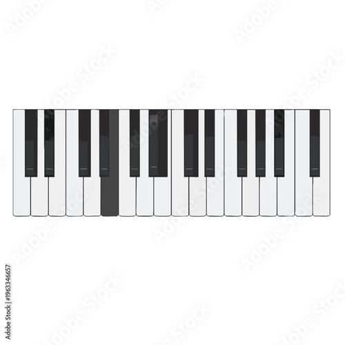 A straight row of piano keys, with a single dark key