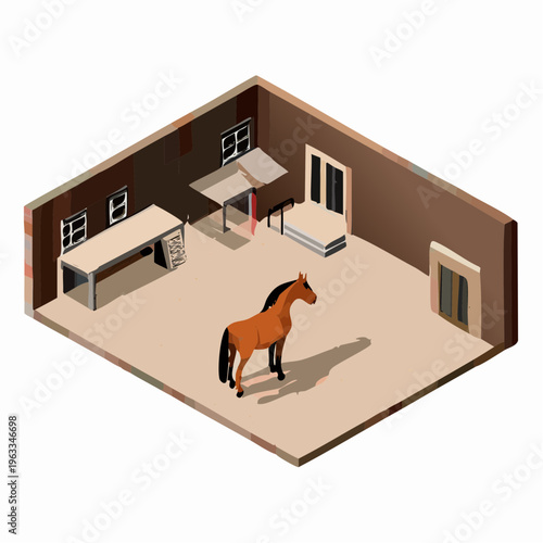 A brown horse with a blue mane and tail stands in a room.