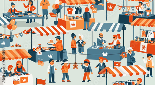 A lively flat design illustration depicting a bustling King's Day vrijmarkt, showcasing people selling second-hand goods and children enjoying traditional games in a festive setting.