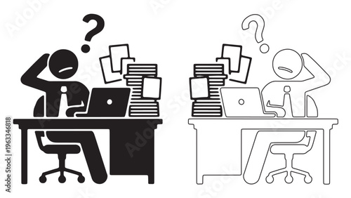 Confused Businessman at Desk with Laptop and Stacks of Papers Vector Illustration