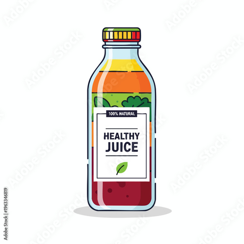 A colorful glass bottle filled with layered healthy juices and a label