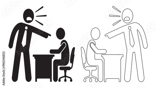 Angry boss shouting and pointing at employee at desk, silhouette vector illustration.