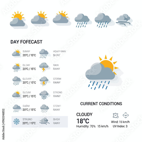 Weather forecast icons show sun, clouds, rain, snow, and wind