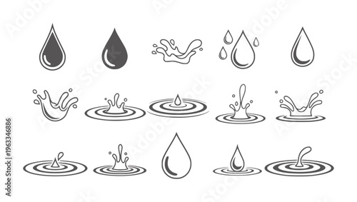 Monochrome water droplet and splash set in various styles and forms droplets black