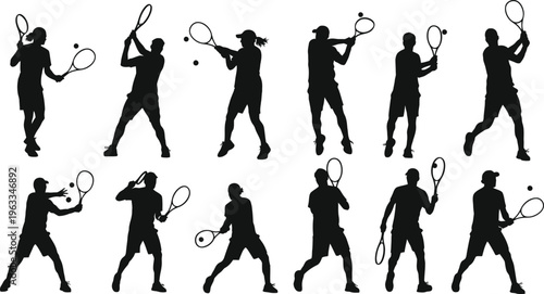 Tennis player silhouettes in various poses with rackets
