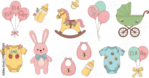 Cute baby girl shower vector set with bunny toy, stroller, balloons, rocking horse and newborn clothes illustration