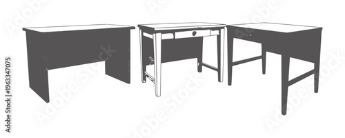 Three minimalist desks in different structural in monochrome line furniture