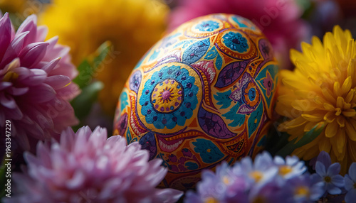 Easter egg adorned with floral patterns among colorful flowers.