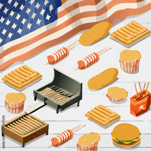 Assortment of American Barbecue and Snack Foods with Grills.
