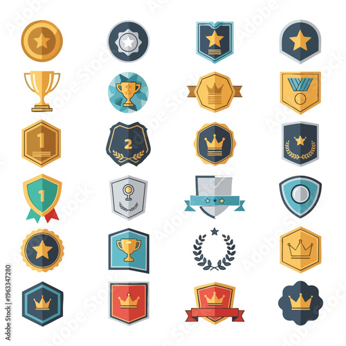 Collection of flat-design award icons featuring stars, trophies, crowns, and ribbons