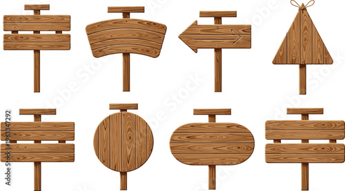 Wooden Signboard Vector Set Featuring Rustic Blank Direction Signs Arrows Boards and Hanging Panels for Outdoor Decoration Navigation and Design Projects