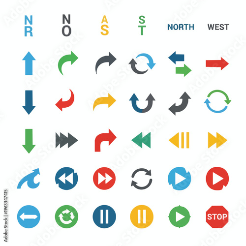 Collection of diverse directional, media playback, and action-oriented icons