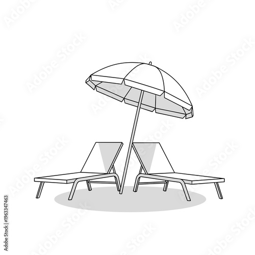 Beach umbrella with two lounge chairs on sand