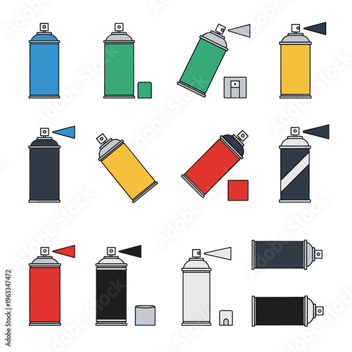 Grid of colorful spray cans icons set