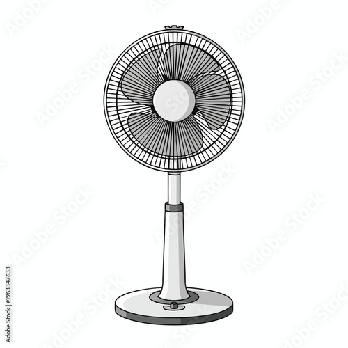 A tall oscillating fan with a round base and three blades