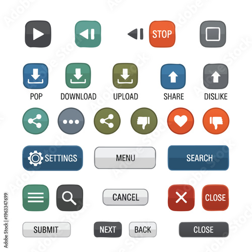 A grid of rounded square and rectangular buttons with various icons and text labels