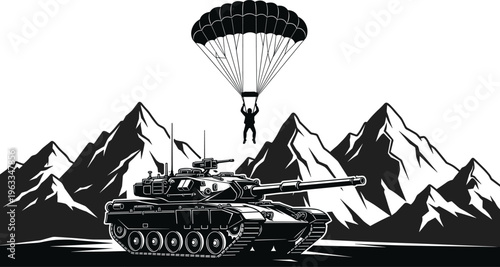 Black and white of a soldier parachuting above a tank with mountains parachute