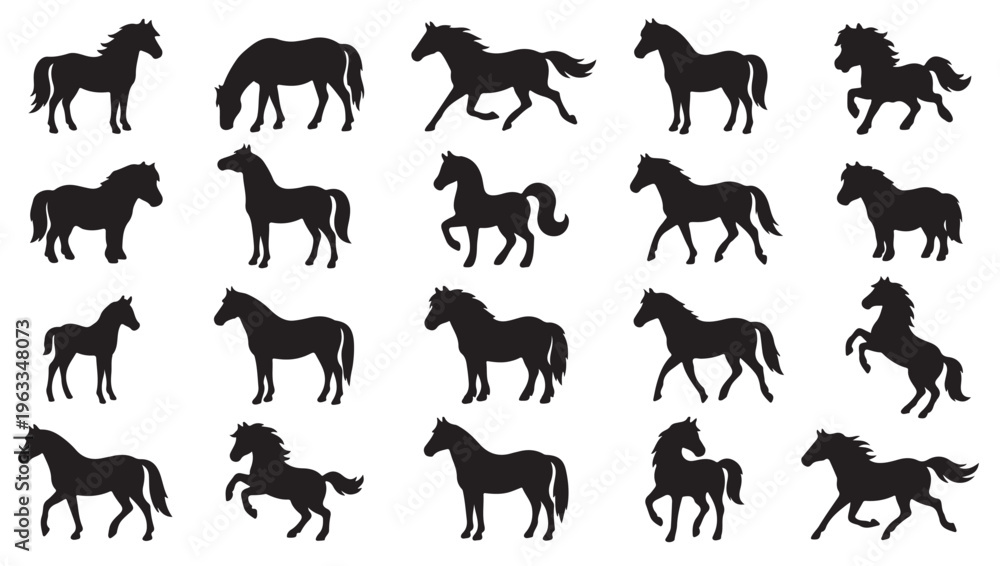Fototapeta premium black and white vector silhouette set of pony