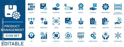 Product Management Icon Set. Featuring roadmap, strategy, planning, development, release, KPI, lifecycle, optimization, growth and more icons. perfect vector icon collection.