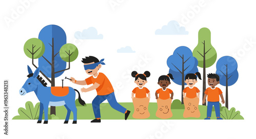A cheerful flat design illustration depicting children joyfully participating in traditional Dutch King's Day games like sack races and 'spijkerpoepen' in a park setting.
