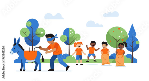 A cheerful flat design illustration depicting children joyfully participating in traditional Dutch King's Day games like sack races and 'spijkerpoepen' in a park setting.