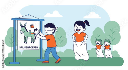 A cheerful flat design illustration depicting children joyfully participating in traditional Dutch King's Day games like sack races and 'spijkerpoepen' in a park setting.