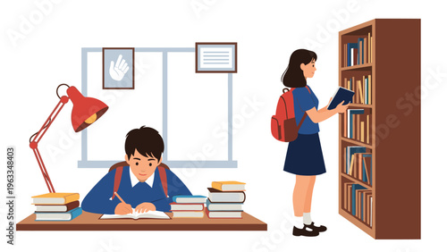 Male and female students studying in a quiet library with one writing at a desk and another browsing books on a shelf.