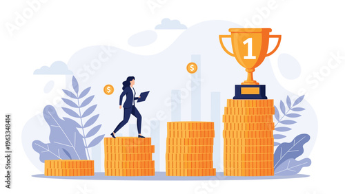 Ambitious businesswoman climbing a staircase made of coins toward a giant golden trophy at the top of a growth chart.