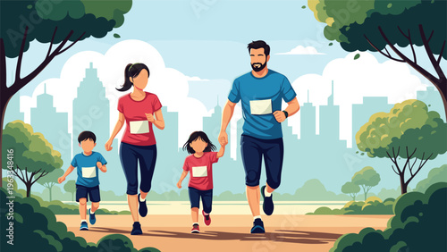 Active family of four jogging together through a scenic city park for exercise and a healthy lifestyle on a sunny day.