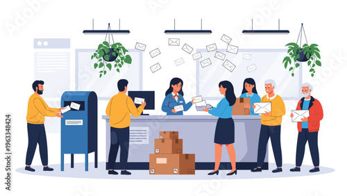 Busy post office scene with customers waiting in line to send mail and packages while staff work behind the counter.